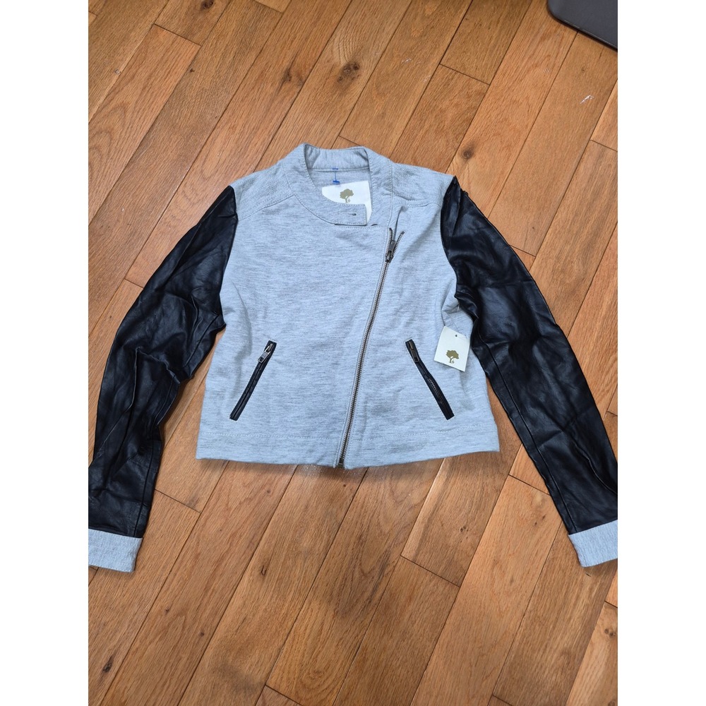 Tucker + Tate Kids Moto Jacket Ash Heather Grey Black Faux Leather L 10/12 NEW